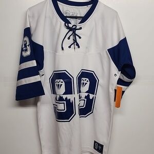 Black Jack Mens sz L White and Royal Blue Hockey Jersey. NWT
